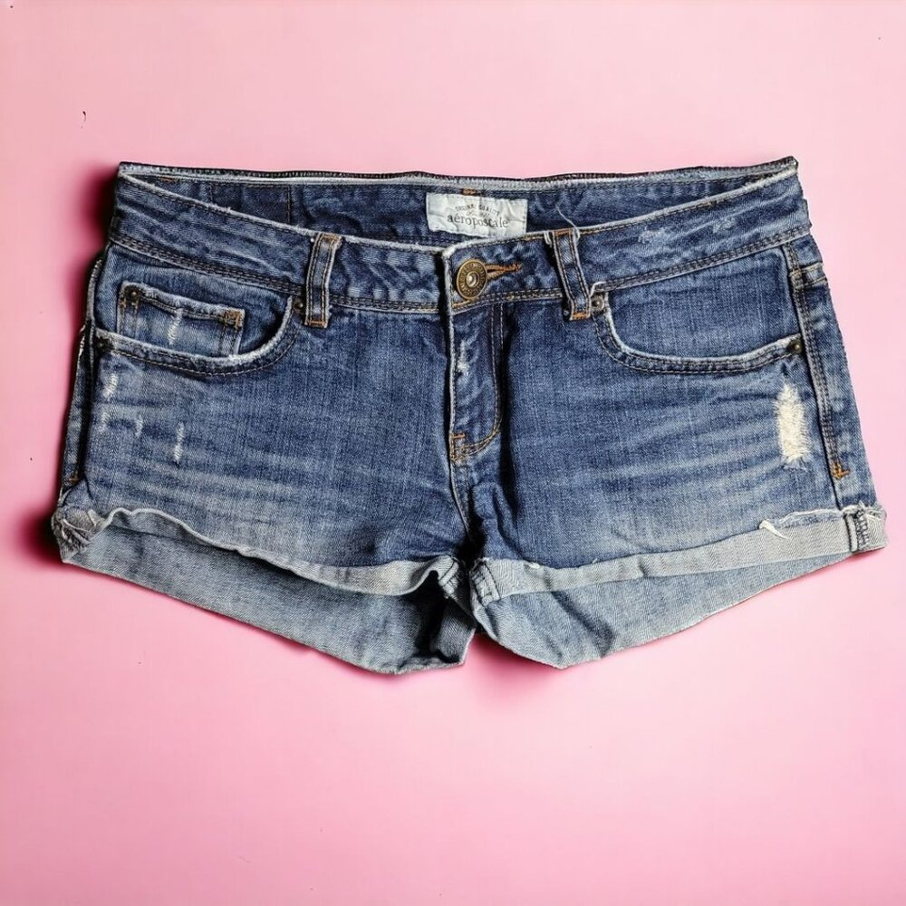 Aeropostale‎ Jean Shorts Distressed Ripped Womens 5 6 Cotton Blue Denim Booty